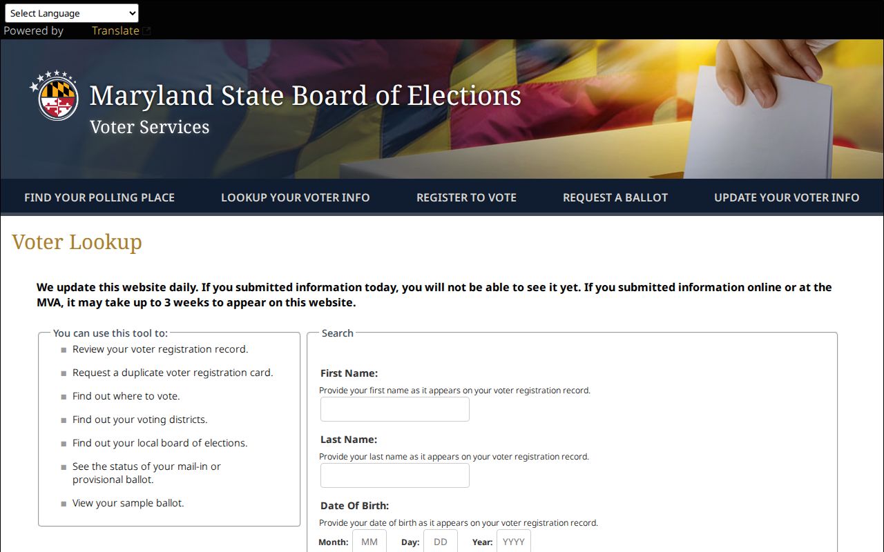 Essex voter registration records lookup fields on Maryland Voter Lookup